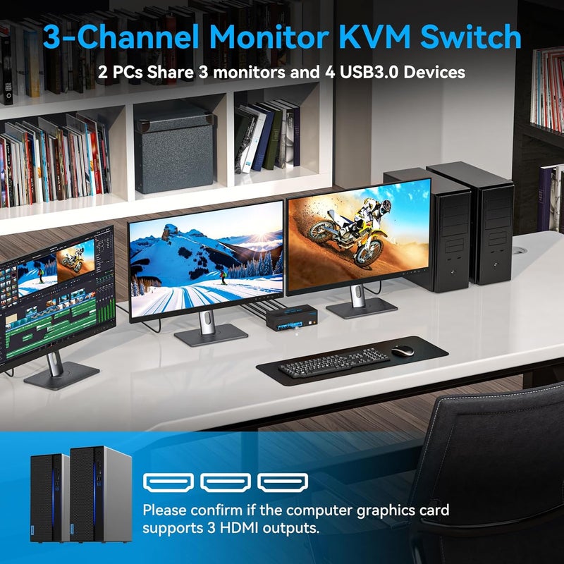 CMSTEDCD 8K@60Hz HDMI KVM Switch 3 Monitors 2 Computers 4K@120Hz USB 3.0 KVM Switches for 2 PC Share Triple Monitor and 4 USB Ports Supports Extended&Duplicate Mode.Wired Controller DC 12V/1A Adapter Included - Image 5